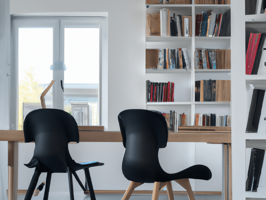 two chairs, a desk, and a bookshelf in a small office